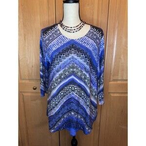 Chico’s Women’s 1 US M Blue Studded Geometric 3/4 Sleeve Tunic Top